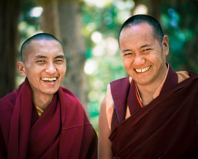 Lama Zopa Rinpoche and Lama Yeshe, Lake Arrowhead, 1975. Photo: Carol Royce-Wilder.