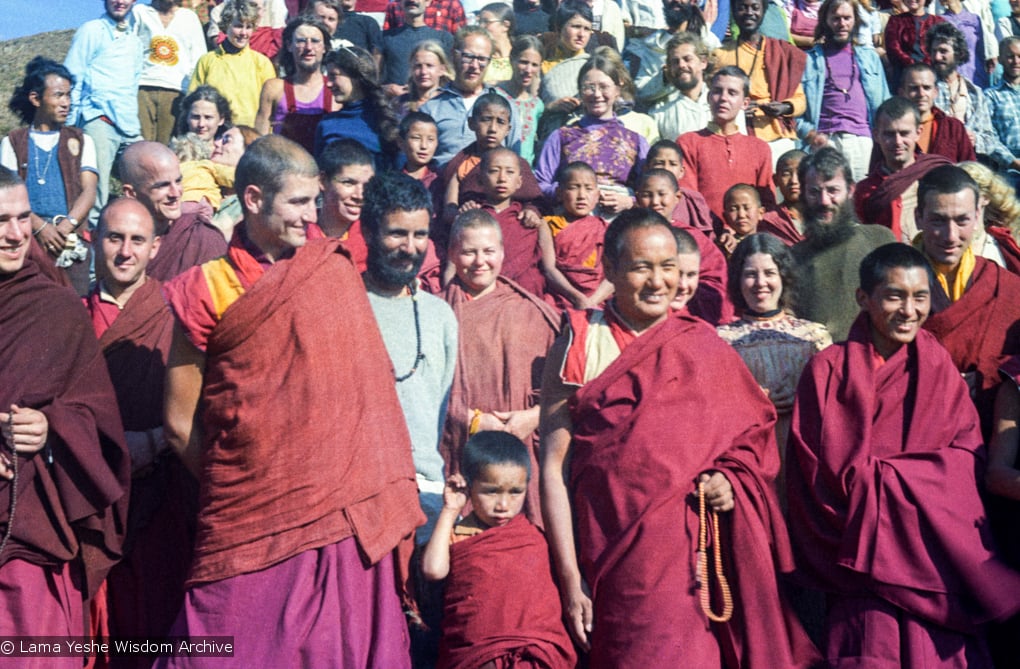 (15857_ng.tif) Lama Yeshe and Lama Zopa Rinpoche in a group photo from the Seventh Meditation Course, Kopan Monastery, Nepal, 1974.