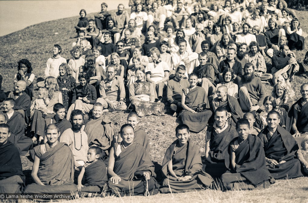 (15887_sl.tif) Lama Yeshe and Lama Zopa Rinpoche in a group photo from the Seventh Meditation Course, Kopan Monastery, Nepal, 1974.