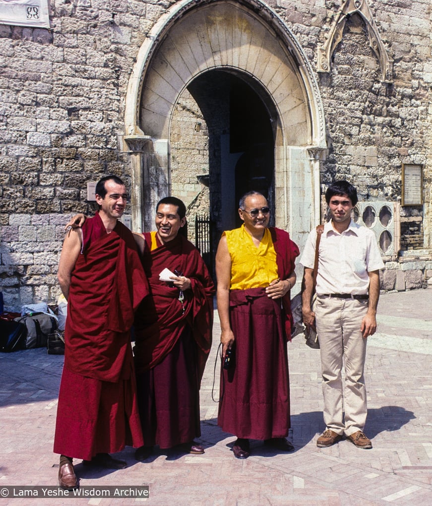 (02253_sl-3.JPG) The lamas with  Neil Huston (Thubten Dondrub) and Andrea Antonietti, Assisi, Italy, 1983. Andrea Antonietti (donor)