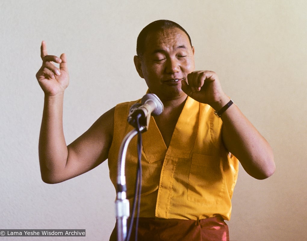 (04175_sl-3.JPG) Lama Yeshe doing a chod practice pantomime, Zurich, Switzerland, 1978.   Ueli Minder (photographer)