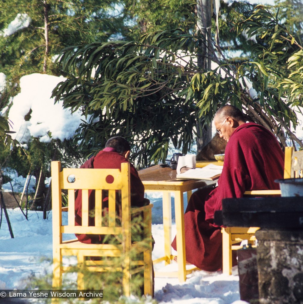 (04231_sl-3.JPG) Lama Zopa Rinpoche and Lama Yeshe, Tushita Retreat Centre, Dharamsala, India, 1978. Ueli Minder (photographer)