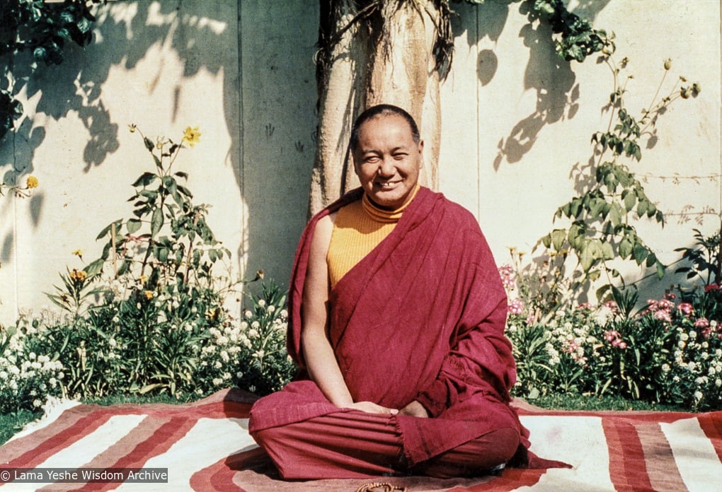 (04510_pr.JPG) Lama Yeshe in the front yard of Tushita Mahayana Meditation Centre (also called Tushita-Delhi), Shantiniketan, India, 1979. Roger Kunsang (photographer)