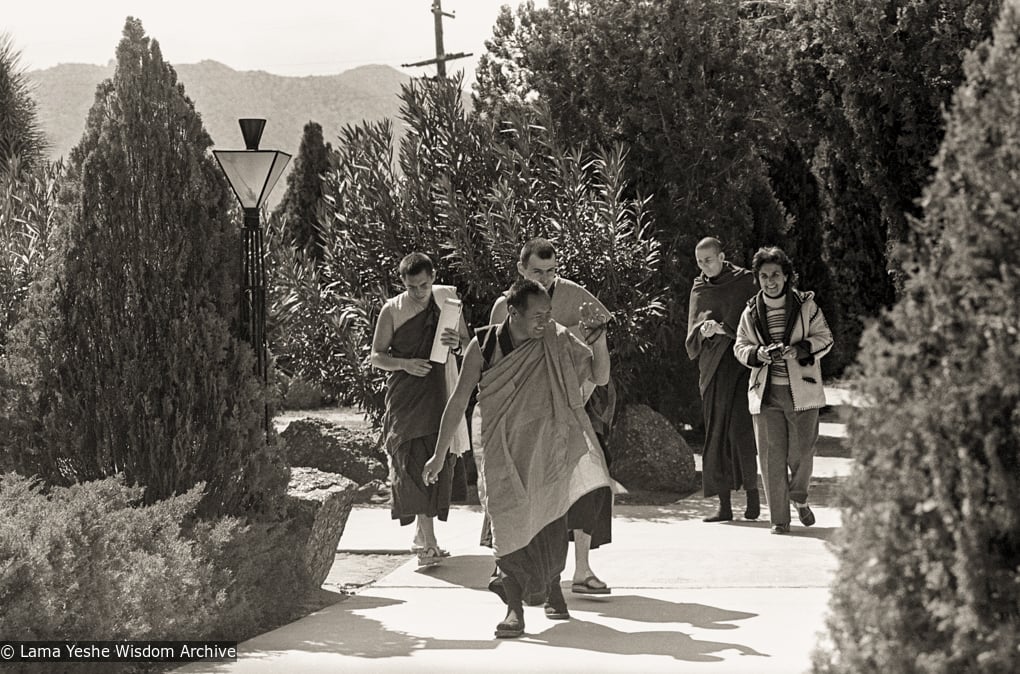 (06818_ng-3.psd) Lama Yeshe with Ngawang Chotak (Chris Kolb), John Feuille, Ann McNeil (Anila Ann), and Radmila Moacanin at the Yucca Valley course, 1977. Carol Royce-Wilder (photographer)