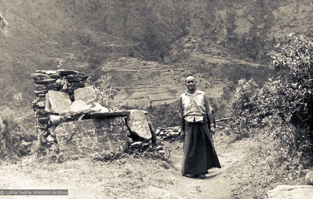 (07626_pr-2.psd) Lama Yeshe on the road to  Lawudo Retreat Centre, Nepal, 1973.