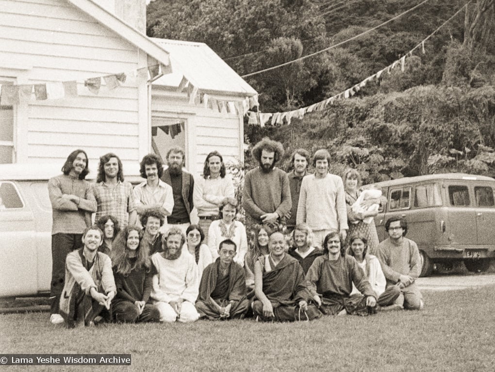 (07674_ng.JPG) A group photo with the lamas at an early course in New Zealand, 1974.