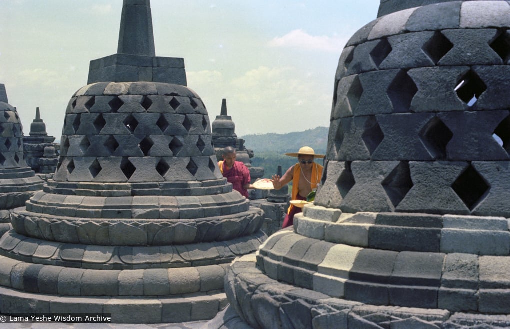 (08174_ng.JPG) Lama Yeshe and Lama Zopa Rinpoche at Borobodur, Java, 1979.