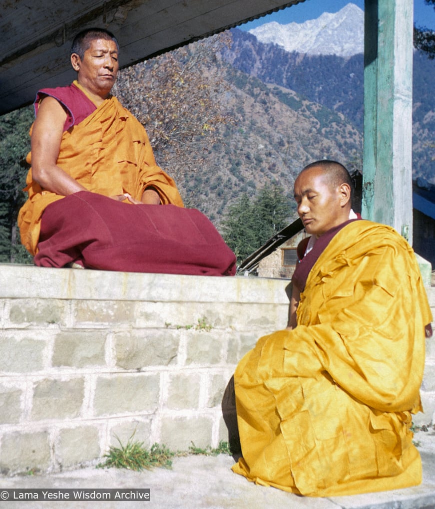 (09456_sl-2.psd) Geshe Rabten and Lama Yeshe after the first ordination of a group of western students, Dharamsala, India, 1970.