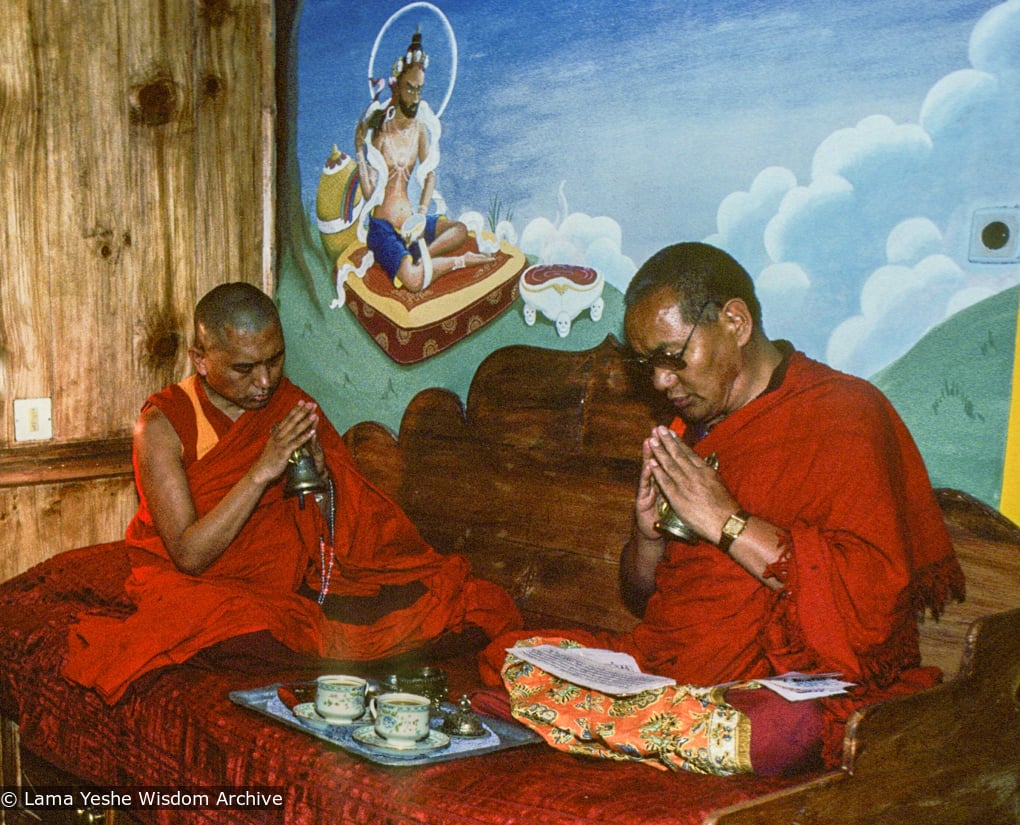 (09952_sl-3.JPG) Lama Yeshe and Lama Zopa Rinpoche blessing Wongmo's retreat, Tushita Retreat Centre, Dharamsala, India, 1983. Ricardo de Aratanha (photographer)