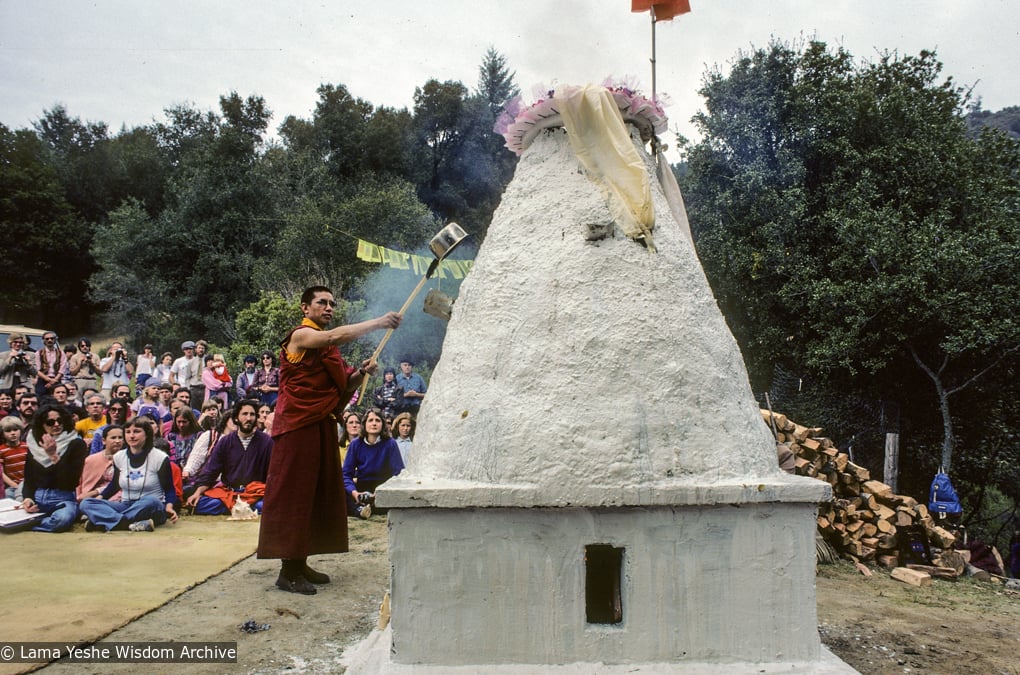 (10087_sl-3.JPG) Tenzin Wangchuk tending the fire, cremation of Lama Yeshe, Vajrapani Institute, California, 1984. Ricardo de Aratanha (photographer)