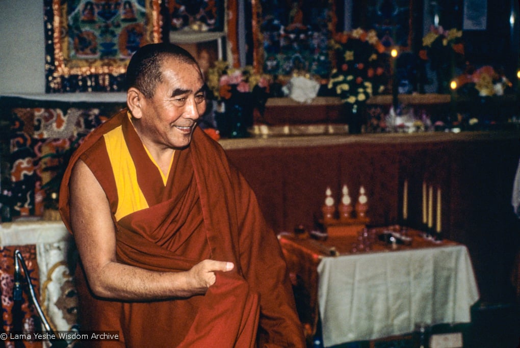 (10173_sl.JPG) Geshe Sopa during a cycle of pujas that were done for Lama Yeshe before the formal cremation, Vajrapani Institute, California, 1984. Photo by Ricardo de Aratanha.