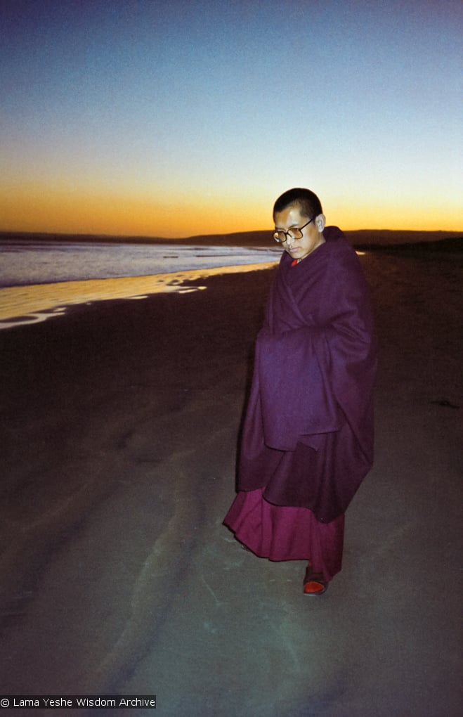 (10231_ng.psd) Lama Zopa Rinpoche at the beach, Adelaide, Australia, 1983. Photos taken and donated by Wendy Finster.