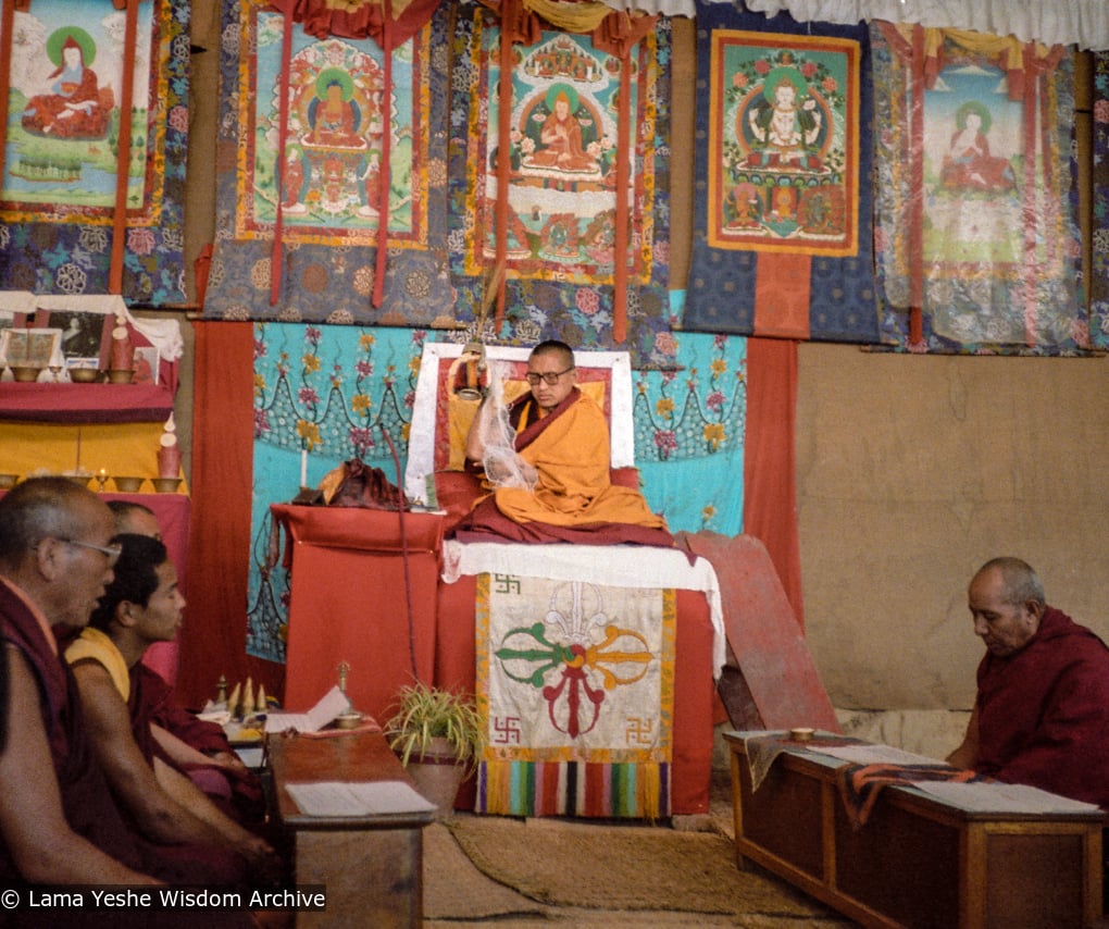 (10248_ng-3.JPG) Lama Zopa Rinpoche doing puja (ritual practice) for Lama Yeshe at Kopan Monastery, Nepal, 1983. Photo by Wendy Finster.