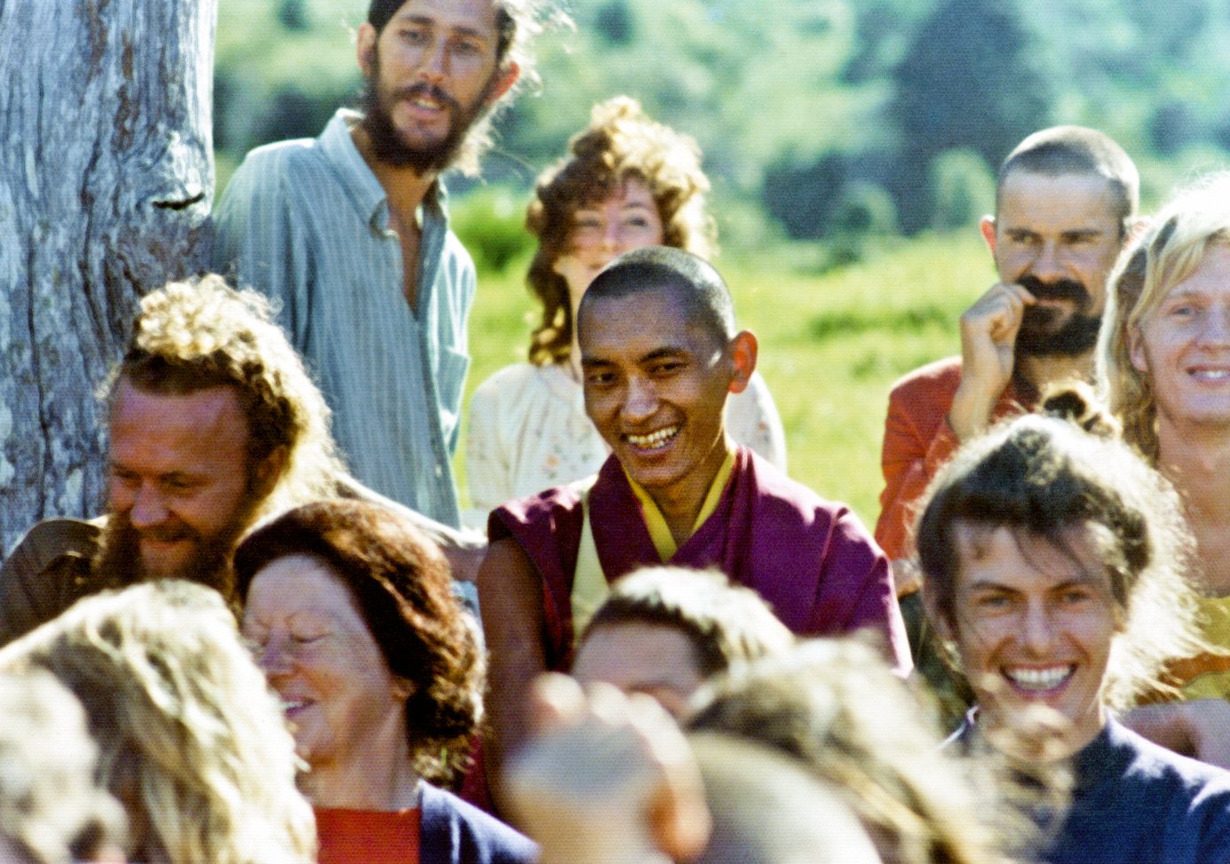 (10378_pr-2.psd) Lama Zopa Rinpoche with the students, 1975. On Saka Dawa (the celebration of Buddha's birth, enlightenment, and death), Lama Yeshe asked everyone to come outside after a Guru Puja for a meditation on the hill behind the gompa. Chenrezig Institute, Australia, May 25, 1975. Photo by Wendy Finster.