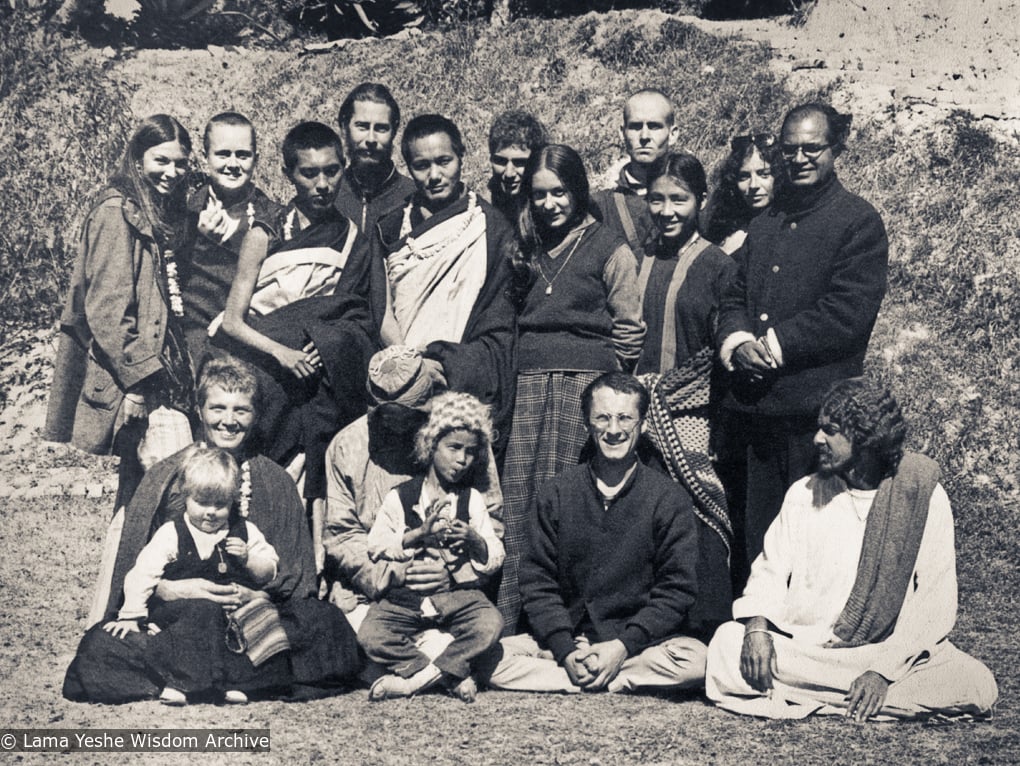 (11006_ud-3.psd) Kopan Group photo from 1970. Tsultrim Allione is second from left in the back row near Lama Zopa. Piero Cerri is in the back row to the right of Lama, looking over his shoulder. At the far right in that row is Madhu. Zina Rachevsky is seated in the front row on the left, holding Rhea. At far right in that row is Zina's friend, Michel Cerveau, and to his left is Mario Maglietti. (Photo used with permission of the estate of Zina Rachevsky.)