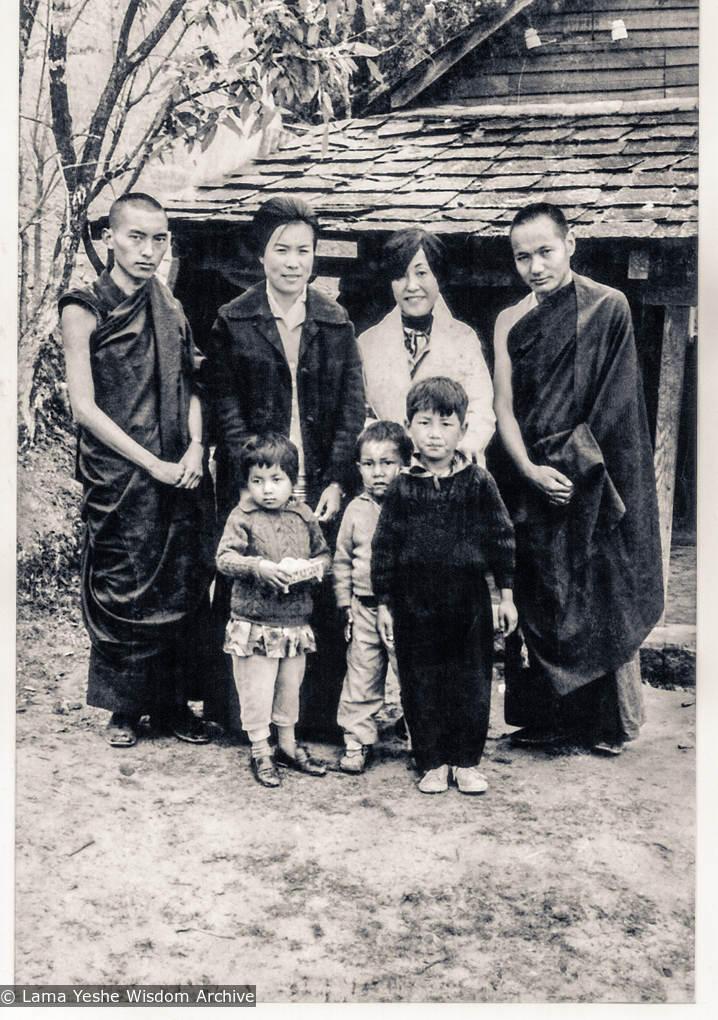 (11695_ud-3.psd) Pema Gyalpo, sister of H.H. Dalai Lama who ran TCV (next to Rinpoche), Jhamba (in front of her), Tibetan Children's Village, Dharamsala, India, 1973.