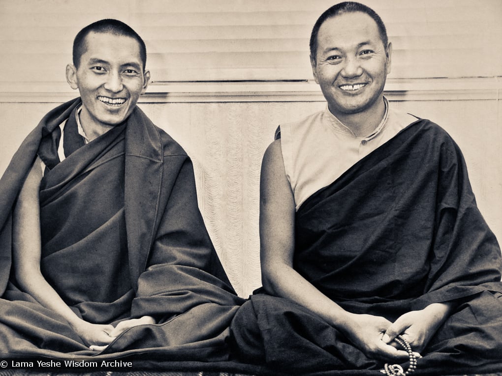 (12105_ud-3.psd) Lama Zopa Rinpoche and Lama Yeshe, New Zealand, 1975. This photo is from the two-week course the lamas gave at Waikanae near Wellington.