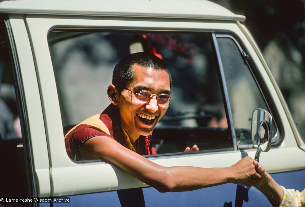 (12644_sl.jpg) Lama Zopa Rinpoche in the van. This photo is from a three week retreat the lamas taught at Camp Arrowpines on Lake Arrowhead, east of Los Angeles, USA, 1975. Photo by Carol Royce-Wilder.