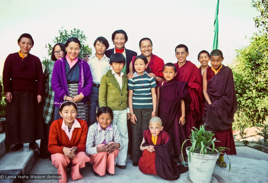 (12742_sl-2.psd) Group portrait with Jampa Trinley and family, 1976. Photo includes Lama Yeshe, Lama Zopa Rinpoche, Thubten Wongmo (Feather Meston), Daja Meston (Thubten Wangchuk), Jampa Trinley, and his wife Ngawang Trinley. Kopan Monastery, Nepal, 1976. Photo by Jon Landaw.