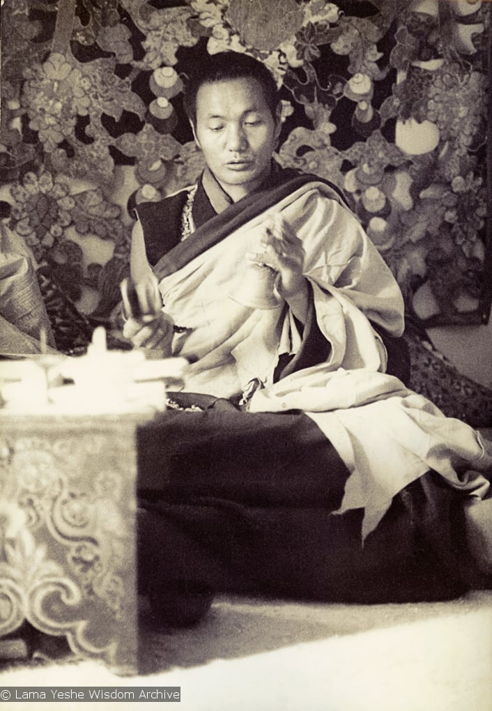 (15064_pr-2.psd) Lama Yeshe doing puja (spiritual practice) in the "old gompa" (shrineroom), Kopan Monastery, 1970.