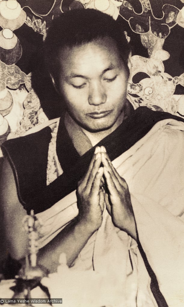 (15066_pr-2.psd) Lama Yeshe doing puja (spiritual practice) in the "old gompa" (shrine room), Kopan Monastery, 1970.