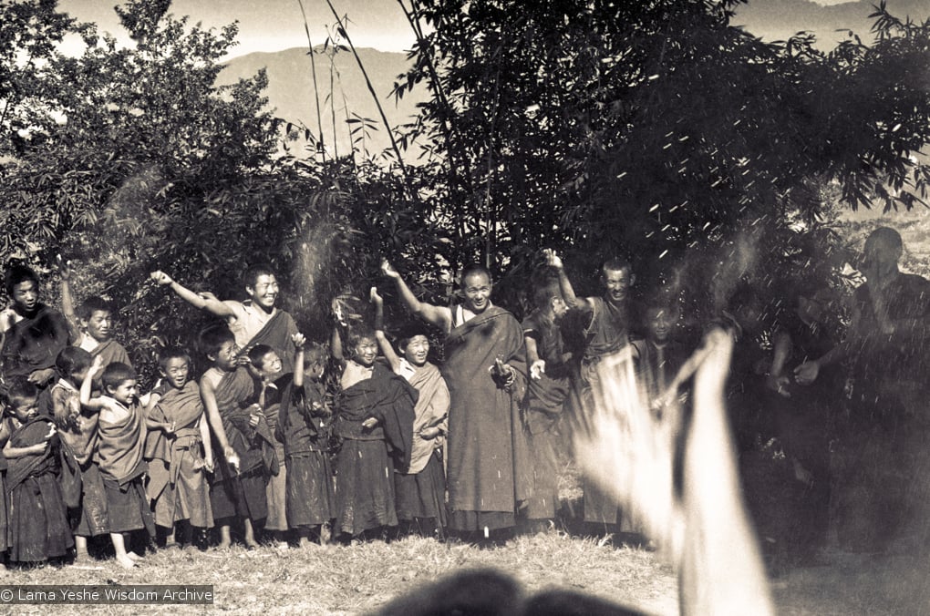 (15154_ng.psd) Lama Yeshe leading a Dharma celebration at Kopan along with the Mount Everest Center students, 1972.