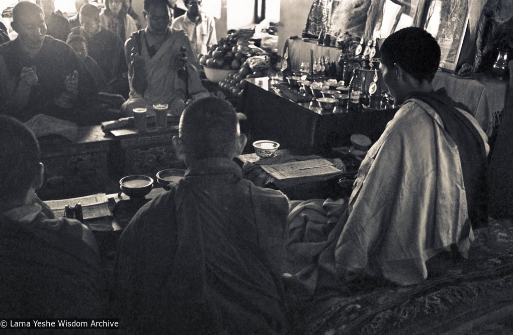 (15160_ng.psd) Mount Everest Center at Kpoan Monastery, 1972: installing the portrait of His Holiness the Dalai Lama in the Kopan Gompa. Lama Yeshe and Lama Zopa with other monks offering prayers.