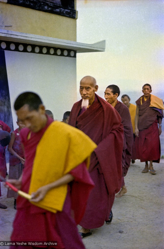 (15473_ng.psd) In April of 1974, H. H. Zong Rinpoche, a senior lama and teacher for Lama Yeshe, visited Kopan Monastery, Nepal, in time to give teachings during the last week of the Sixth Meditation Course. Lama Zopa Rinpoche is leading the procession at the left.