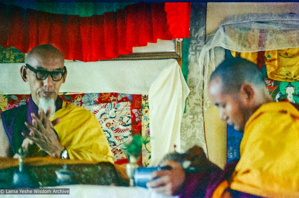 (15476_ng.psd) In April of 1974, H. H. Zong Rinpoche, a senior lama and teacher for Lama Yeshe, visited Kopan Monastery, Nepal, in time to give teachings during the last week of the Sixth Meditation Course. Photo includes Lama Yeshe on the right.