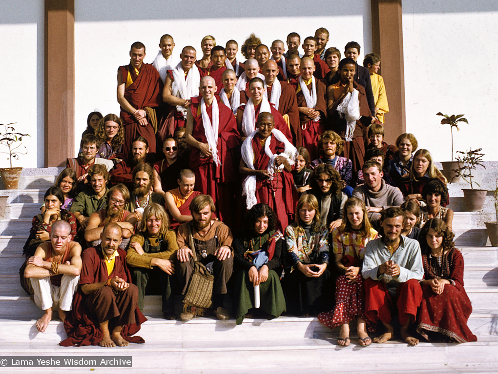 (15479_sl.psd) Ordination photo of western Dharma students including Gareth Sparham, Marcel Bertels, Ama-la (Mother of Lama Zopa), Nick Ribush, Nicole Couture, Thubten Pemo (Linda Grossman), Thubten Pende (Jim Dougherty), Ursula Bernis, Thubten Wongmo  (Feather Meston), and Yeshe Khadro (Marie Obst). Bodhgaya, India, 1974.