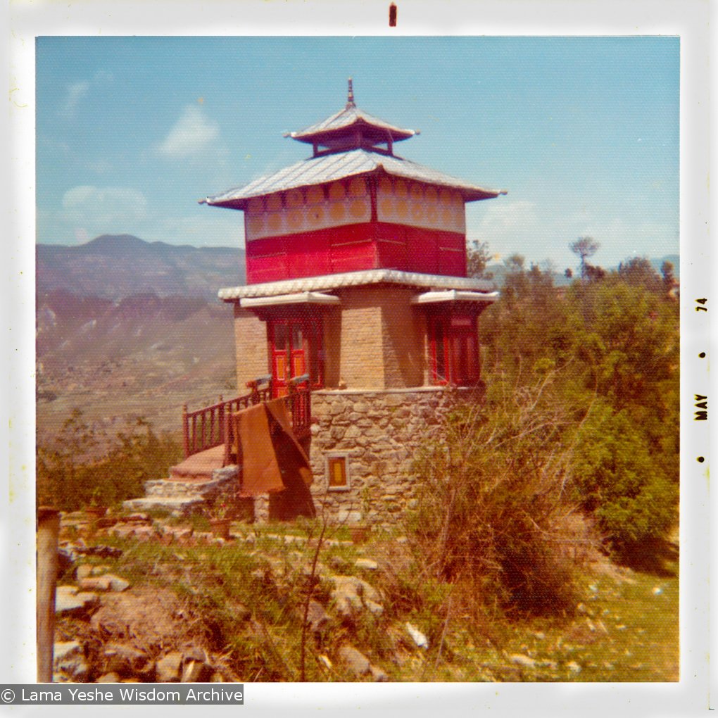 (15486_pr.psd) Photo of Steve's Tower. An American student, Steve Malasky (Now Steve Pearl), built a Tibetan tower at one end of the Kopan land which came to be known as "Steve's Tower". Kopan Monastery, Nepal, 1974