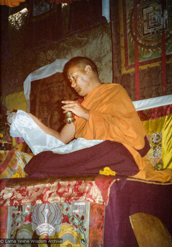 (15596_pr.tif) Lama Yeshe teaching and doing puja. Photo from the 8th Meditation Course at Kopan Monastery, Nepal, 1975.