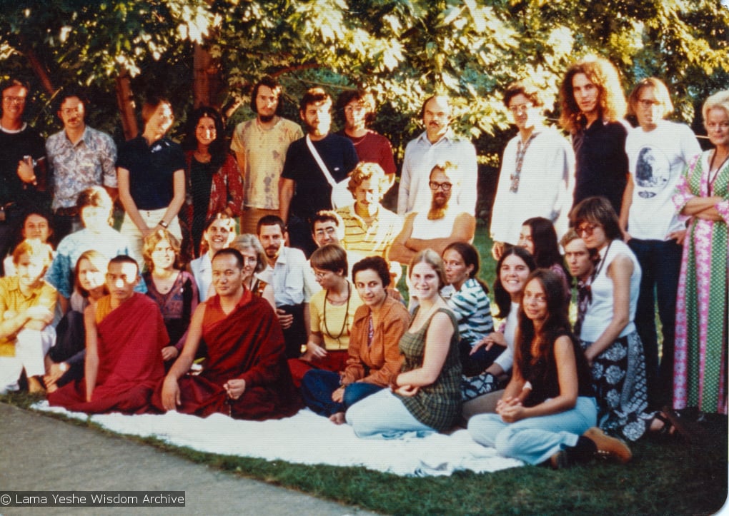 (15838_pr.psd) Group photo from the Fair Lawn New Jersey course including Lama Yeshe, Lama Zopa Rinpoche, Vicki Brown, Alex Berzin, Jeff Nye, among others. New Jersey, August 1974.