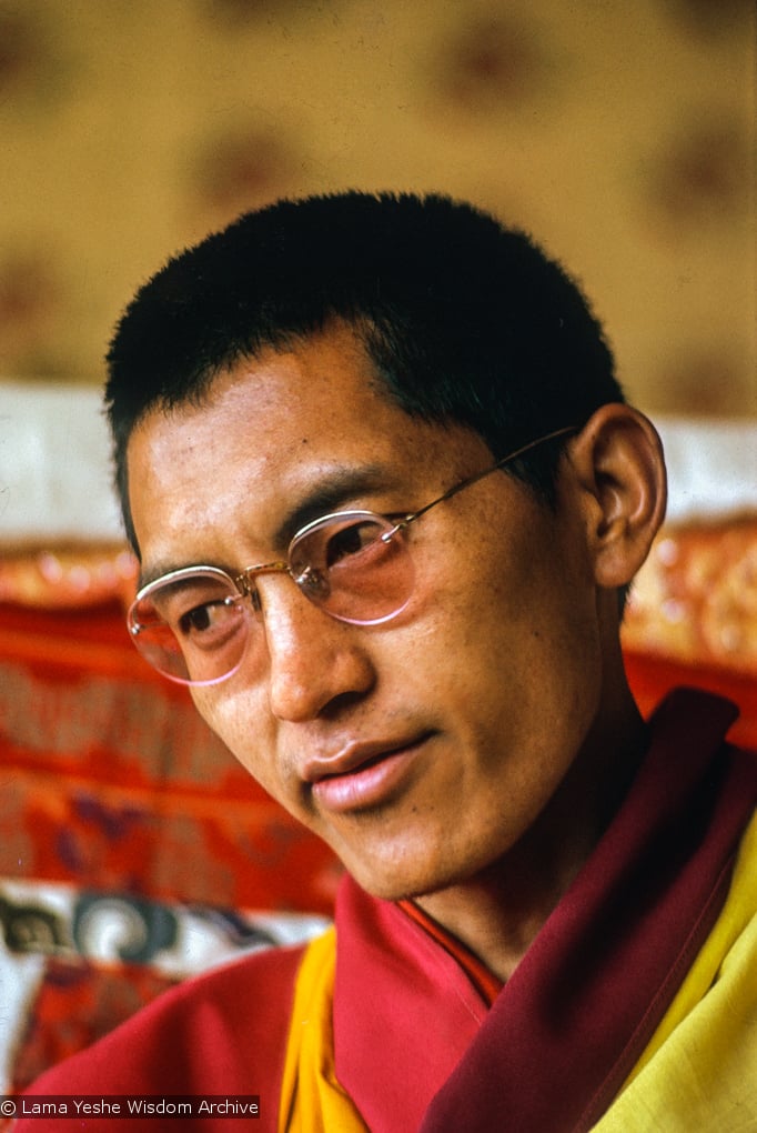 (15890_sl.tif) Lama Zopa Rinpoche teaching in the tent, Kopan Monastery, Nepal, 1974. For the Seventh Meditation Course a huge Indian wedding tent replaced the dusty burlap-walled tent.