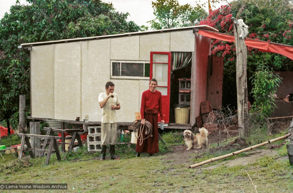 (15898_ng.psd) The old shed where Anila Ann lived during the early days at Chenrezig Institute, Australia, 1975. Charlie Topp is on the left.