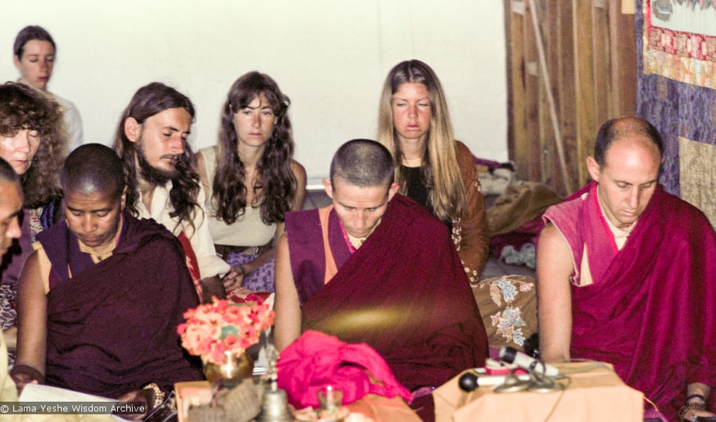 (15919_ng.tif) Sister Max Mathews, Anila Ann, and Nick Ribush doing puja. Gloria Searle is the brunette near the back wall. From the collection of images of Lama Yeshe, Lama Zopa Rinpoche and the Sangha during a month-long course at Chenrezig Institute, Australia, 1975