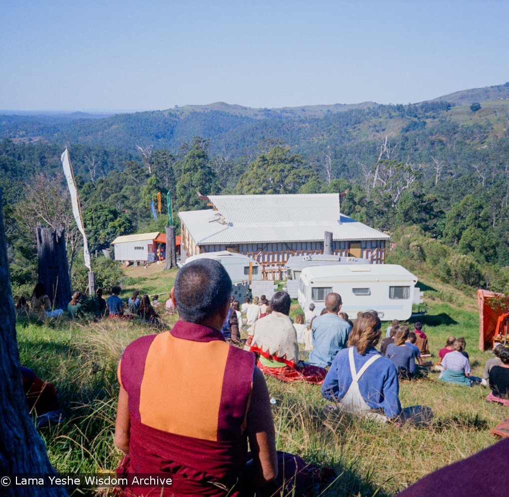 (15967_ng.tif) On Saka Dawa (the celebration of Buddha's birth, enlightenment, and death), Lama Yeshe asked everyone to come outside after a Guru Puja for a meditation on the hill behind the gompa. Chenrezig Institute, Australia, May 25, 1975. Photo by Wendy Finster.