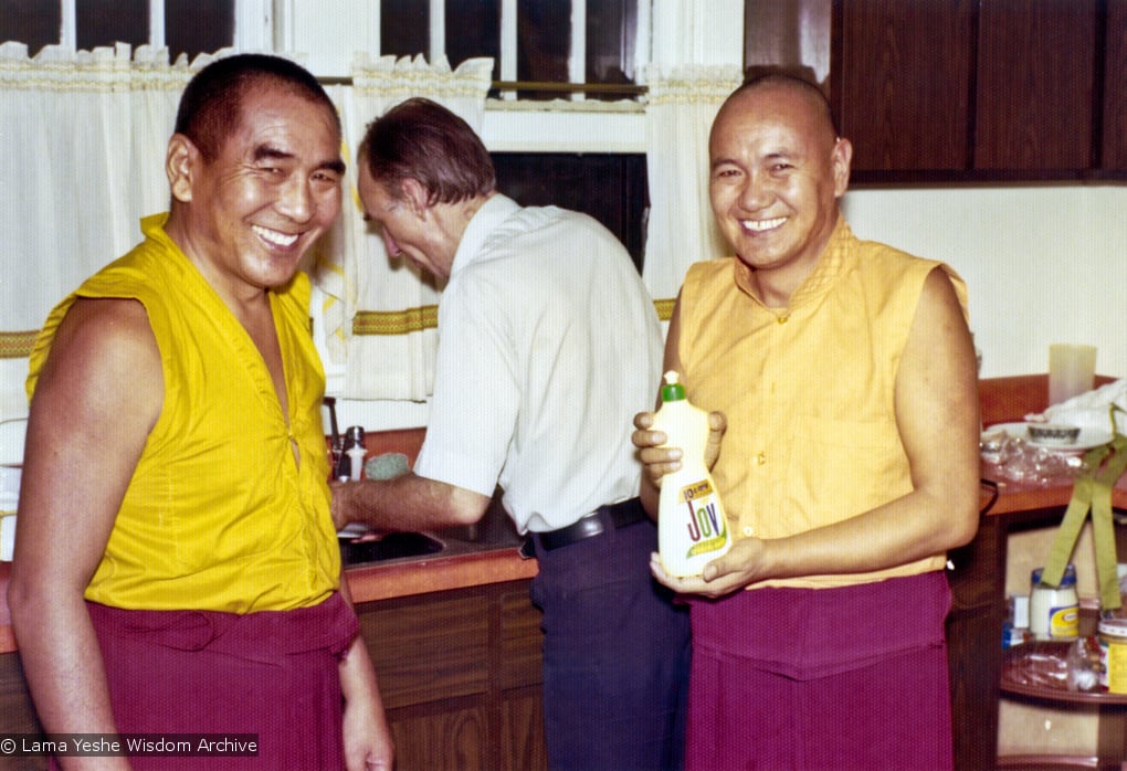 (16004_pr.psd) Geshe Sopa and Lama Yeshe, 1975. Between them doing dishes is Elvin Jones. The lamas spent a month in Madison, Wisconsin with Geshe Sopa, receiving teachings from him on the The Great Treatise on the Stages of the Path to Enlightenment (Lam-Rim Chenmo). Photo by George Propps.