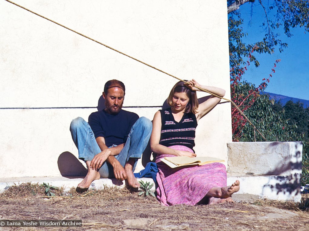 (16683_sl-2.psd) Nick Ribush and Marie Obst (Yeshe Khadro) at the 4th Meditation Course, Kopan Monastery in Nepal, 1973. Marie is holding the second edition of Lama Zopa Rinpoche’s “Wish-fulfilling Golden Sun.” Both Nick and Marie were early students of the lamas who continue to play active and important roles in the implementation of the lamas' vision as it unfolds in the present day.