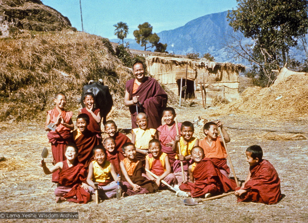 (16704_ng.psd) Lama Yeshe with the Mount Everest Center students, Kopan Monastery, Nepal, 1976. Michael Losang Yeshe (Michael Cassapidis) is sitting at the front left.