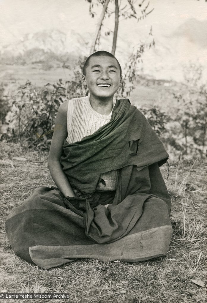 (16777_pr.psd) Thubten Monlam, a Mount Everest Center novice, Kopan Monastery, Nepal, 1976. Lama Yeshe sent photos of the MEC students all around the world and also took photos with him on tour in an attempt to raise funds for them. "Mummy" Max Mathews had a photo taken of each of them and had a group photo made into a poster.