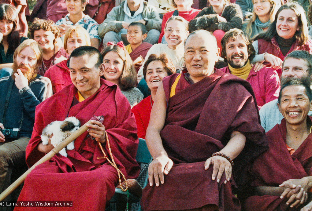 (16937_pr-3.jpg) Lama Zopa Rinpoche and Lama Yeshe in group photo for16th Kopan Meditation Course, Fall, Kopan Monastery, Nepal, 1983.