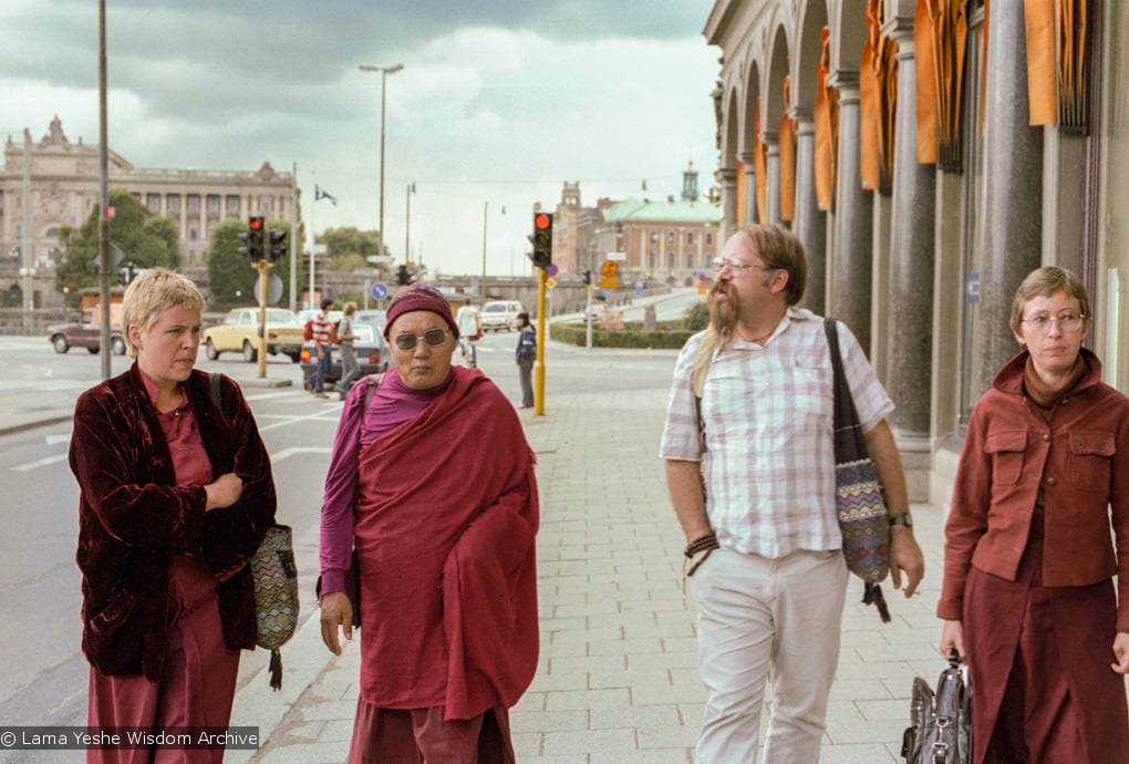 (17108_ng.TIF) Photos from a walk in Stockholm City in September of 1983 with Jeff Nye, Lama Yeshe's attendant, Gun Johansson, Katarina Wadstrom and Tomas Hagstrom and Anila Karin Valham, who invited Lama Yeshe to Sweden. Photos by Holger Hjorth.