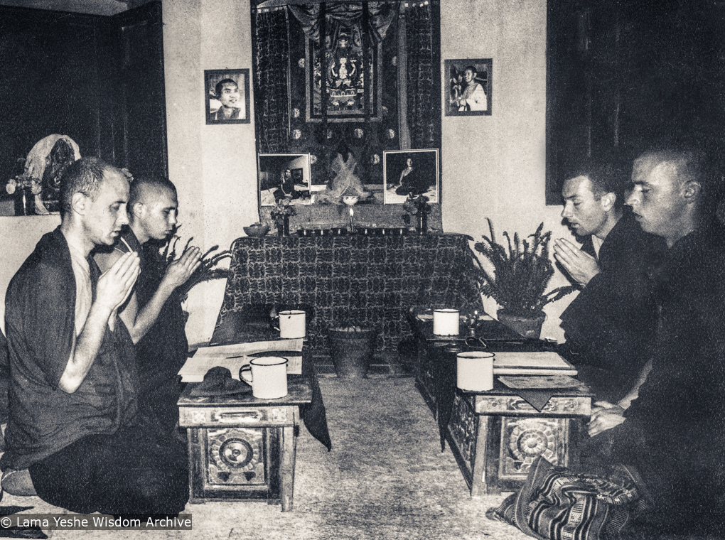 (18132_pr-3.psd) Memebers of IMI Sangha Nick Ribush, Chris Kolb (Ngawang Chötak), Ron Brooks and Thubten Pende (Jim Dougherty) doing morning puja in Zina's old room, Kopan Monastery, 1974.