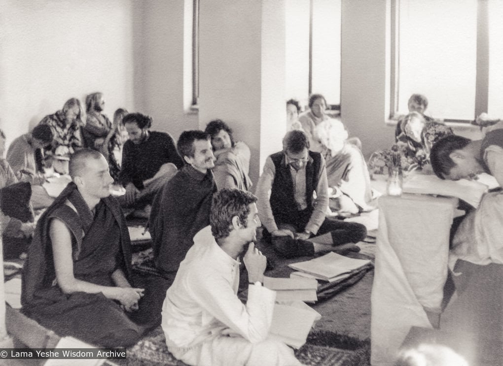 (18756_pr-3.jpg) Third Kopan Meditation course, fall, 1972. Photo includes Lama Zopa Rinpoche, Piero Cerri, Steve Malasky (Steve Pearl), Nick Ribush, and Luca Corona.