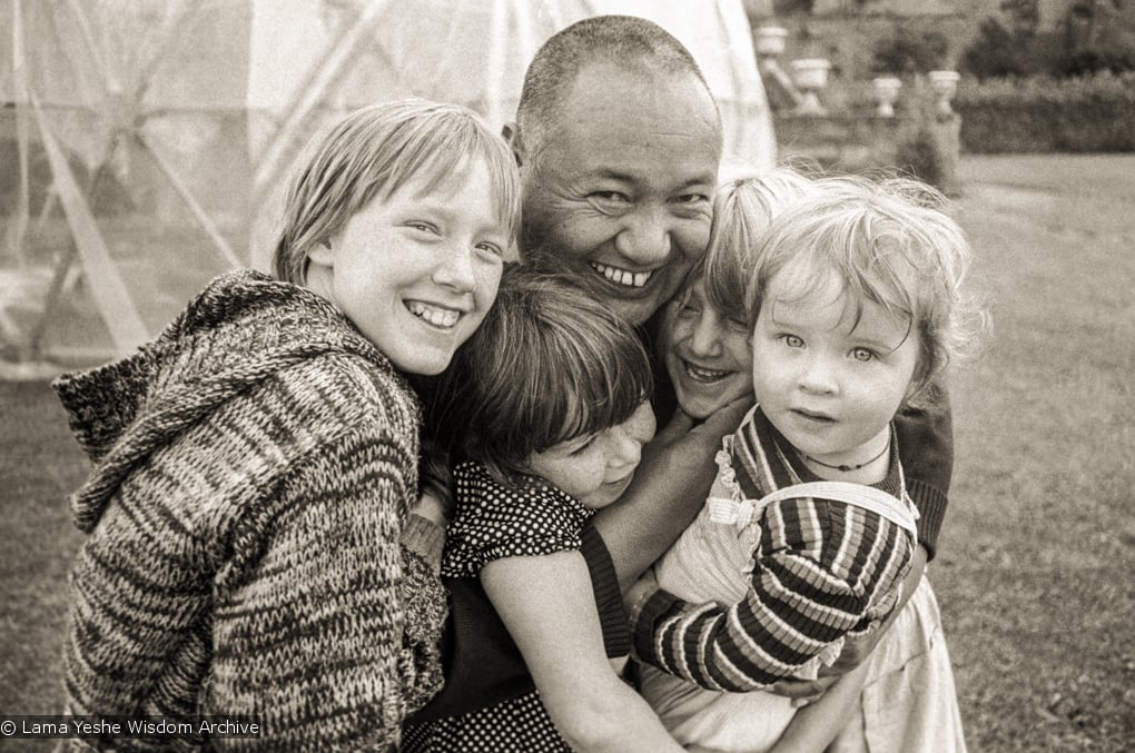 (20893_ng-1.psd) Lama Yeshe with children, Festival Day at Manjushri Institute, 1979. Brian Beresford (photographer)