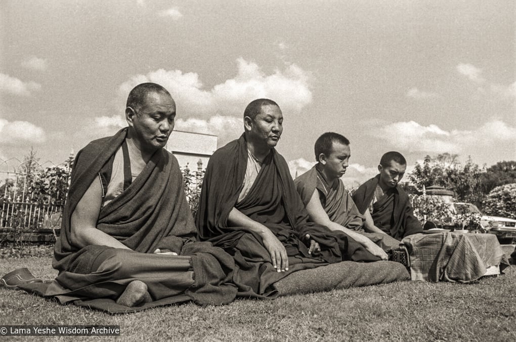 (20970_ng-3.psd) Lama Yeshe, Geshe Tegchok, Jamyang Rinpoche, and Lama Zopa Rinpoche at Manjushri Institute, England, 1979. Brian Beresford (photographer)