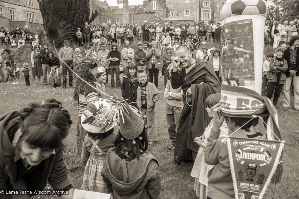 (21067_ng-1.psd) Lama Yeshe with children, Festival Day at Manjushri Institute, 1979. Brian Beresford (photographer)