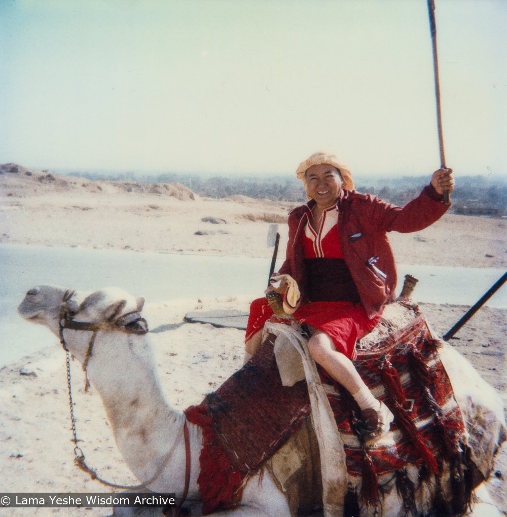 (21957_pr-3.tif) Lama Yeshe riding a camel in Giza, an Egyptian city on the west bank of the Nile, near Cairo, 1983.