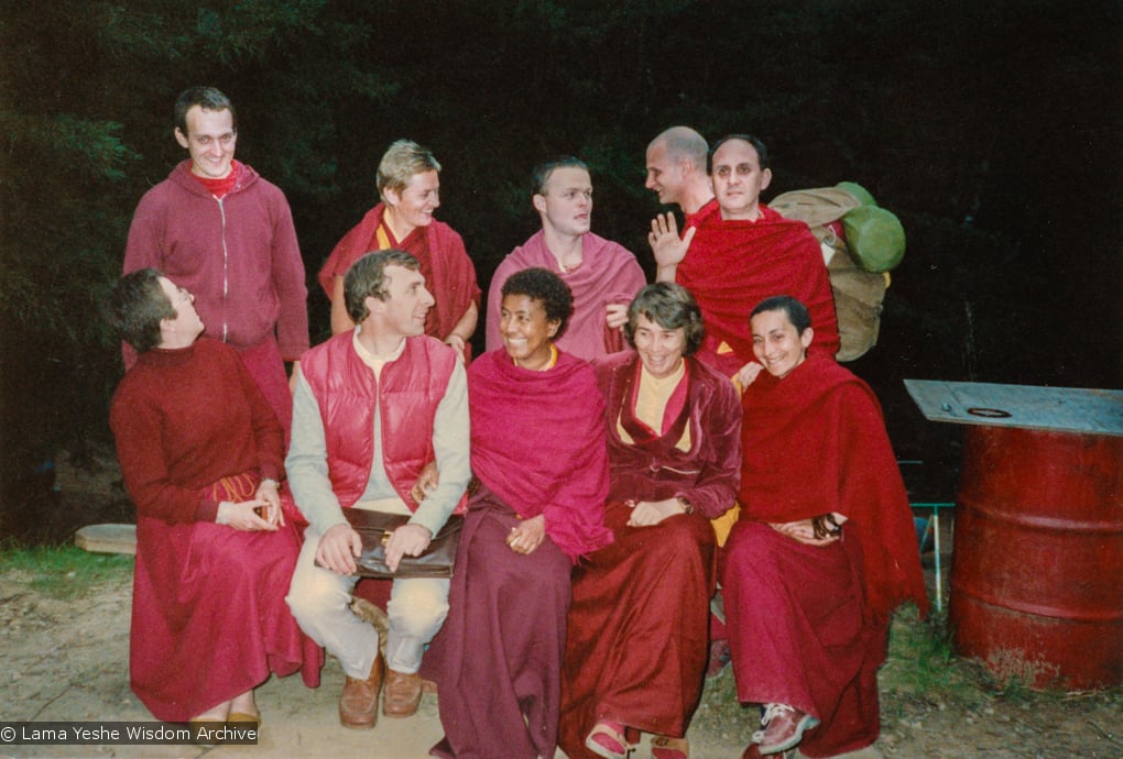 (22036_pr.tif) Sangha photo after the cremation of Lama Yeshe at Vajrapani Institute, California in March of 1984. Photo includes, Robina Courtin, Peter Kedge, Max Mathews, Anila Ann, Helly Pelaez aka Jampa Chokyi (aka Jamyang Wangmo), Nick Ribush, Pelgye, Harry Sutton, Bob Alcorn and  Wendy Finster. Photo by Jeff Nye.